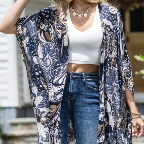 Bohemian Blue Paisley Jacquard Print Kimono Cardigan One Size - Picture 2 of 9